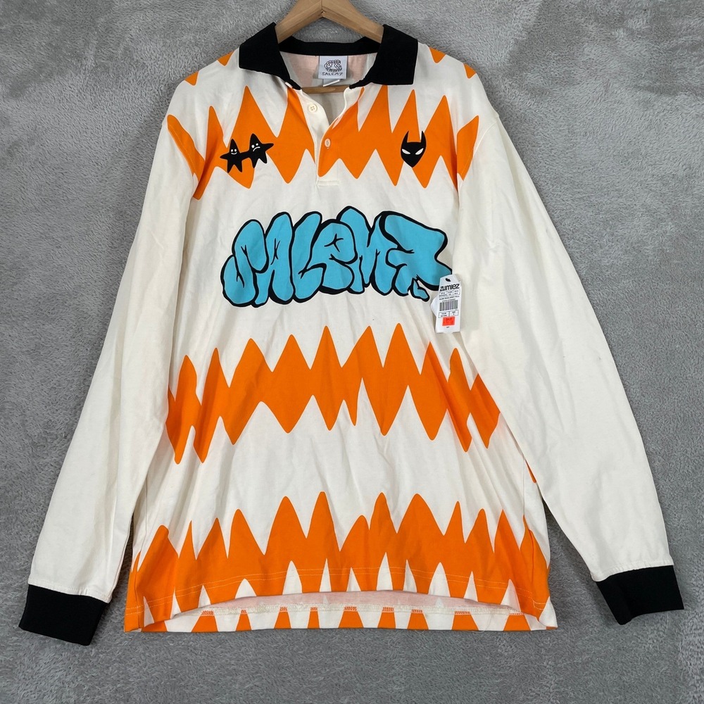 Salem7 Zigzag Jersey Polo Mens Medium Natural Orange Streetwear Skate Shirt